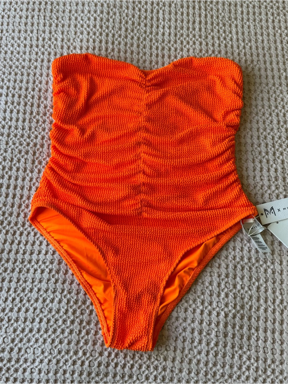 Milly Textured Ruched One-Piece Swimsuit Neon Orange Strapless Bandeau M & L NWT